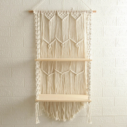 1 PC 44X85Cm Hand-Woven Macrame Tapestry Rack Wooden 2 Shelves Wall Hanging for Bohemian Decoration Boho Decor Ornament