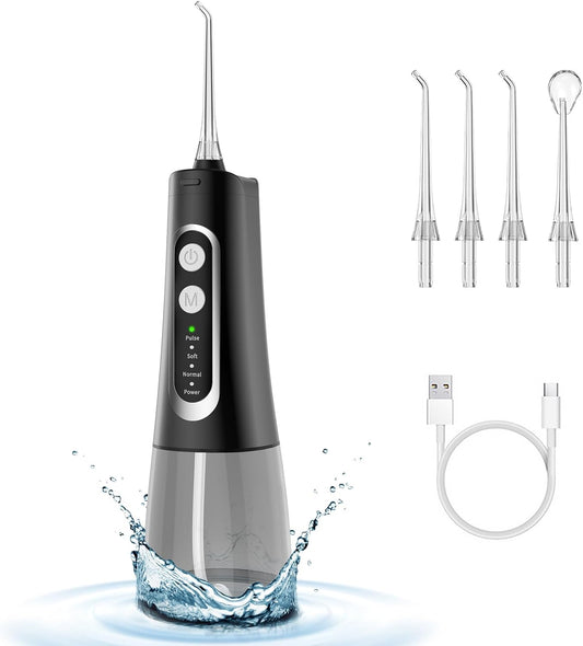 Water Flosser, Oral Irrigator Electric Oral Teeth Braces Cleaning Water Floss Pick Cordless Tooth Cleaner Tool Kit Portable Travel Rechargeable Ipx7 Waterproof (Black)